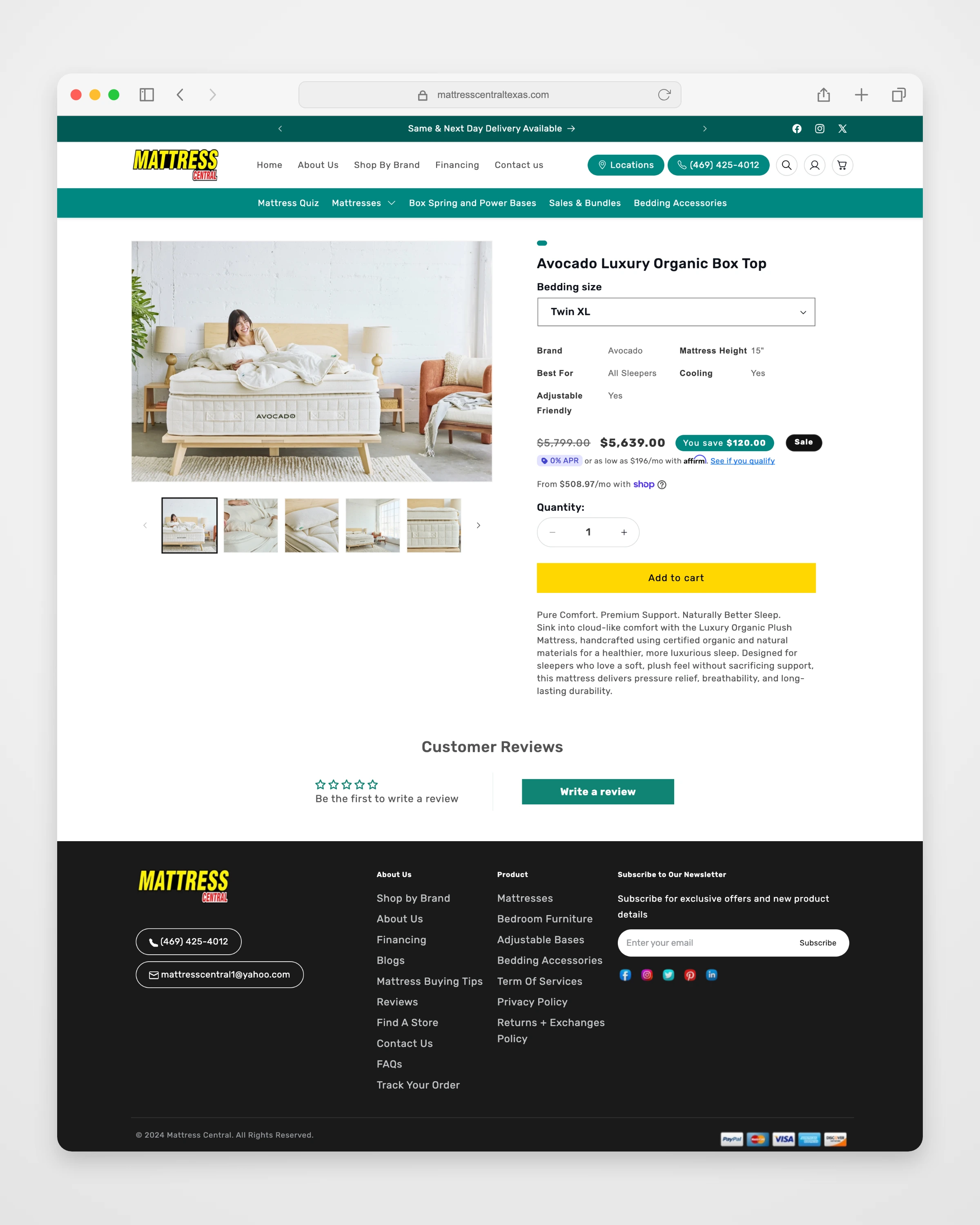 Mattress Central detail page mockup