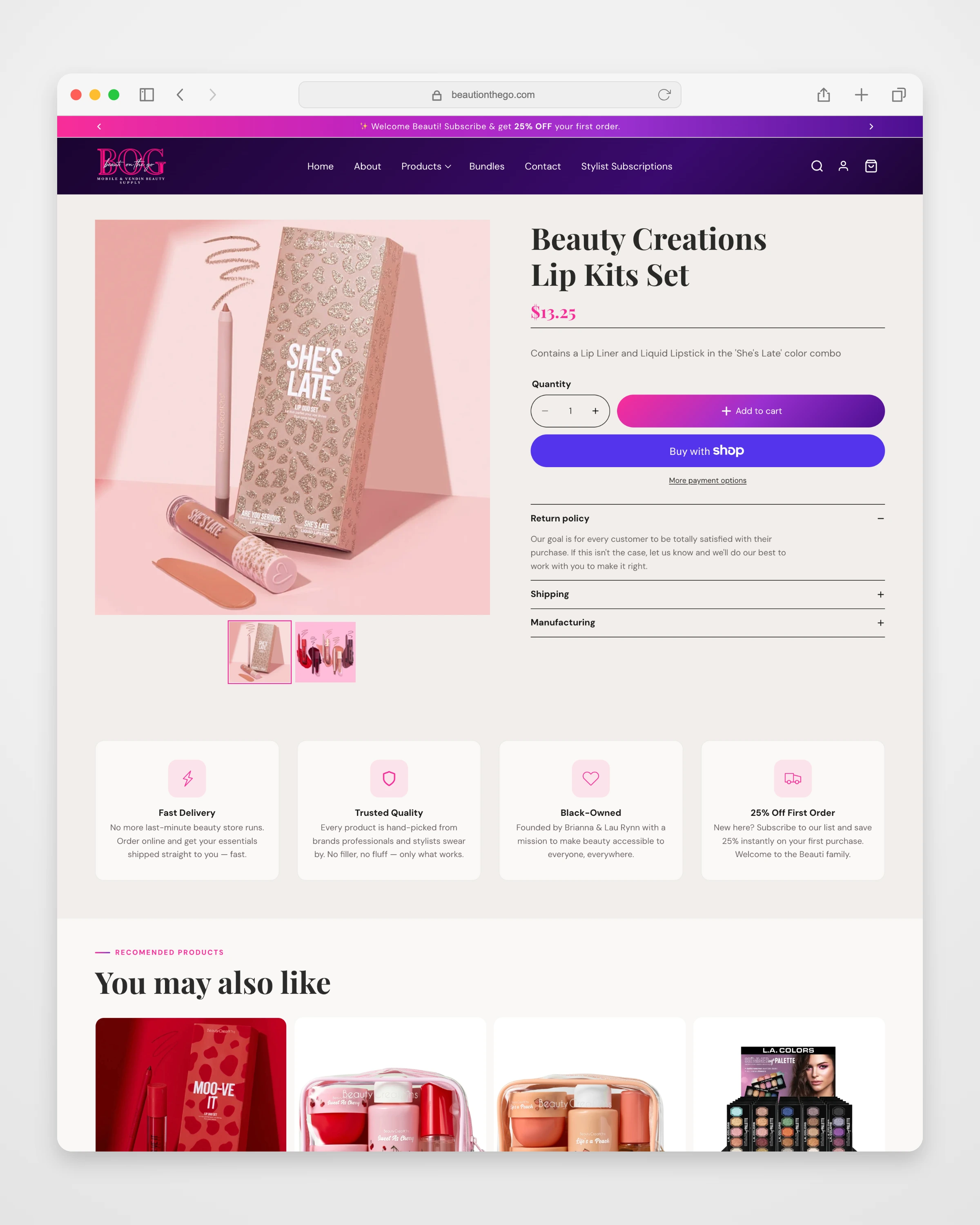 Beauti On The Go detail page mockup