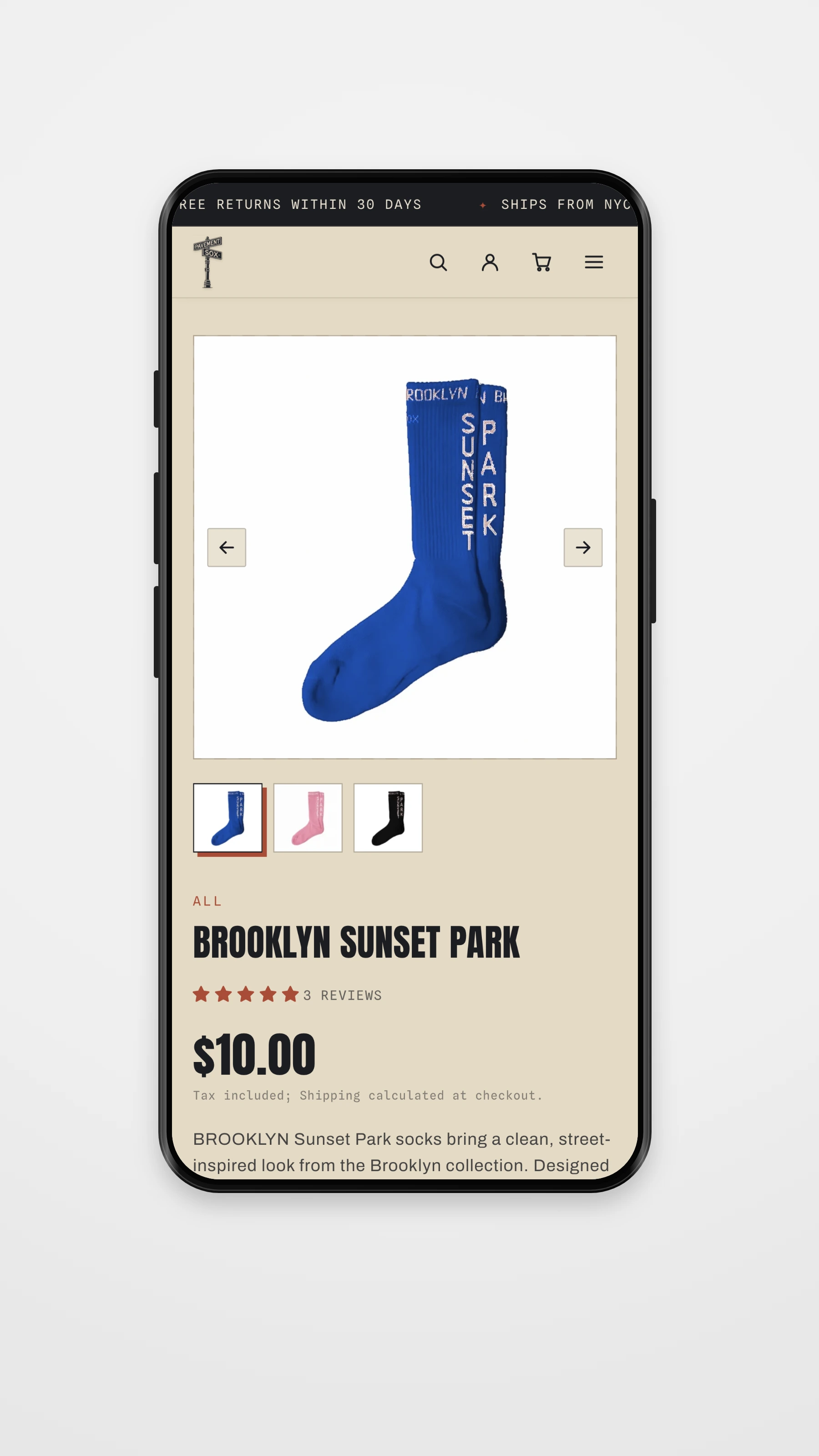 Pavement Sox mobile collection page mockup