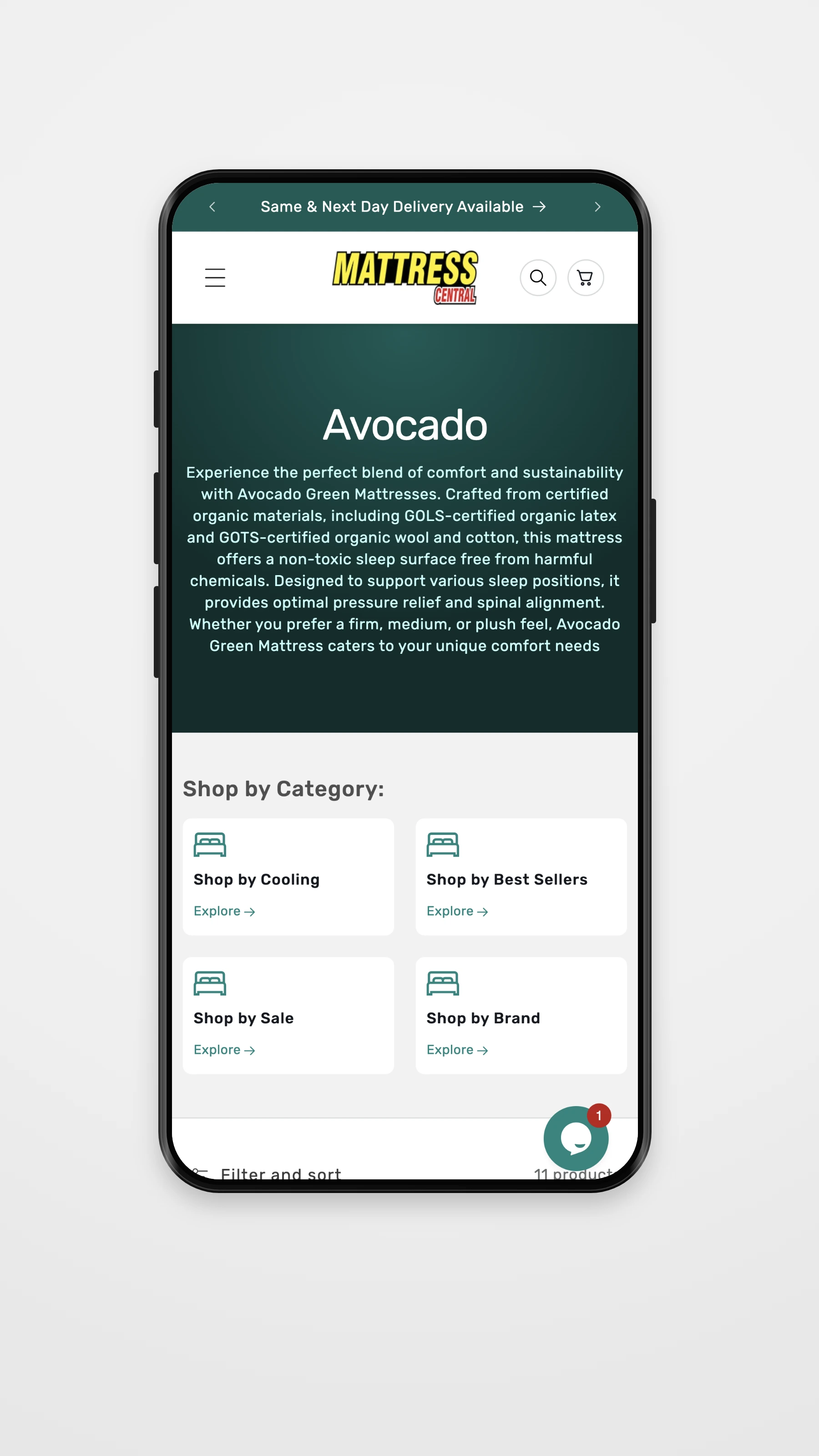 Mattress Central mobile detail page mockup