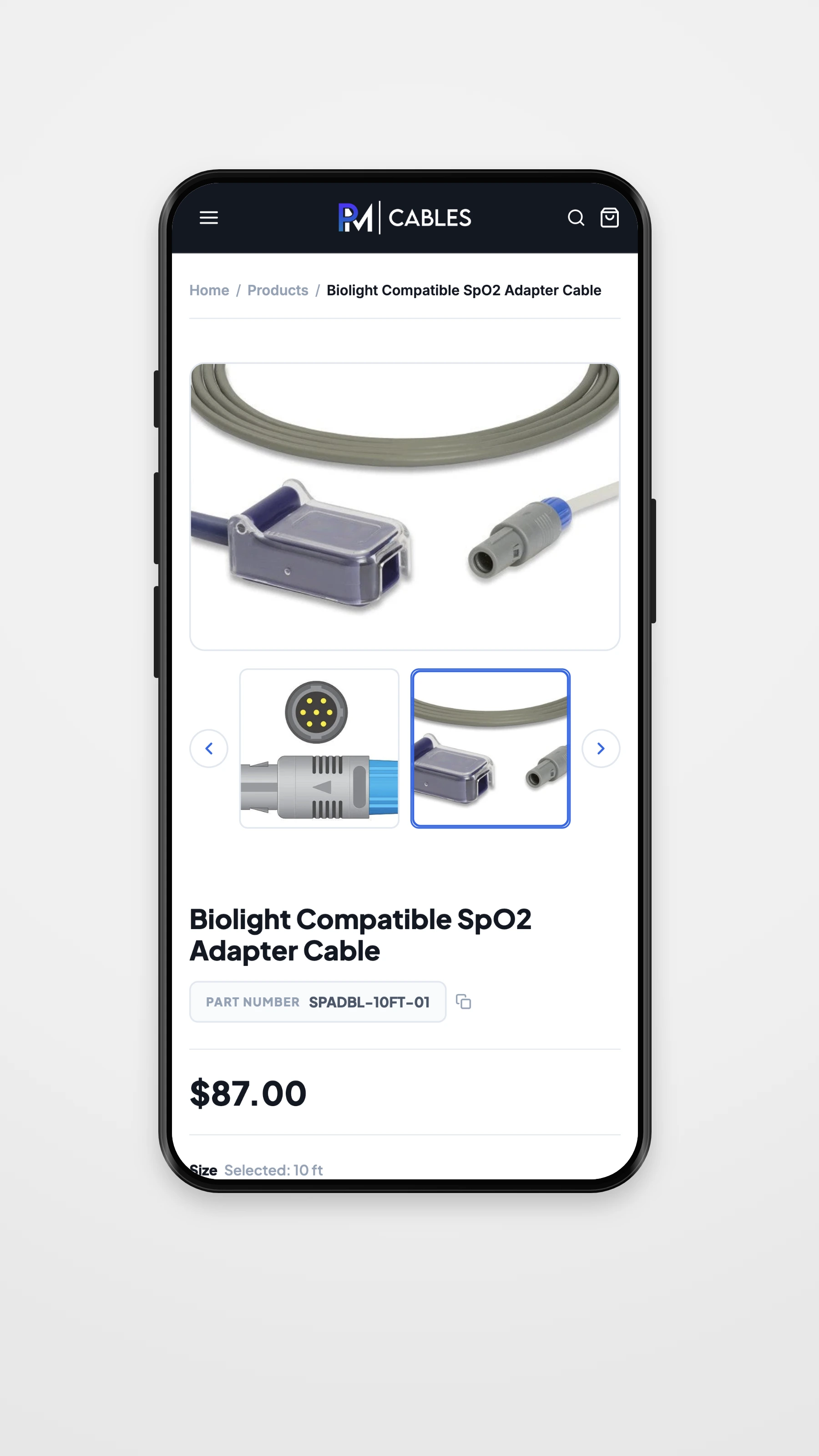 PM Cables mobile detail page mockup