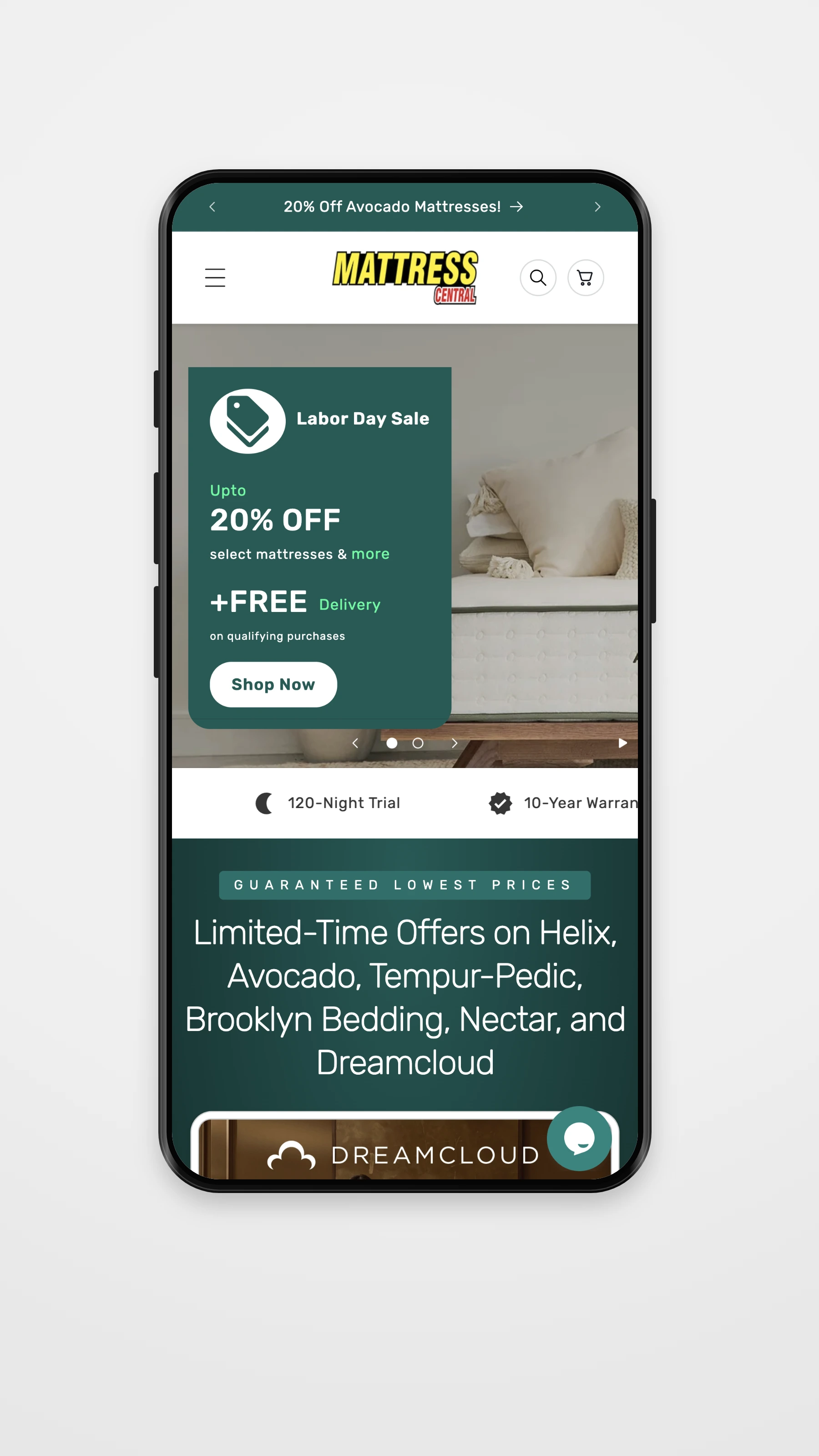 Mattress Central mobile navigation mockup