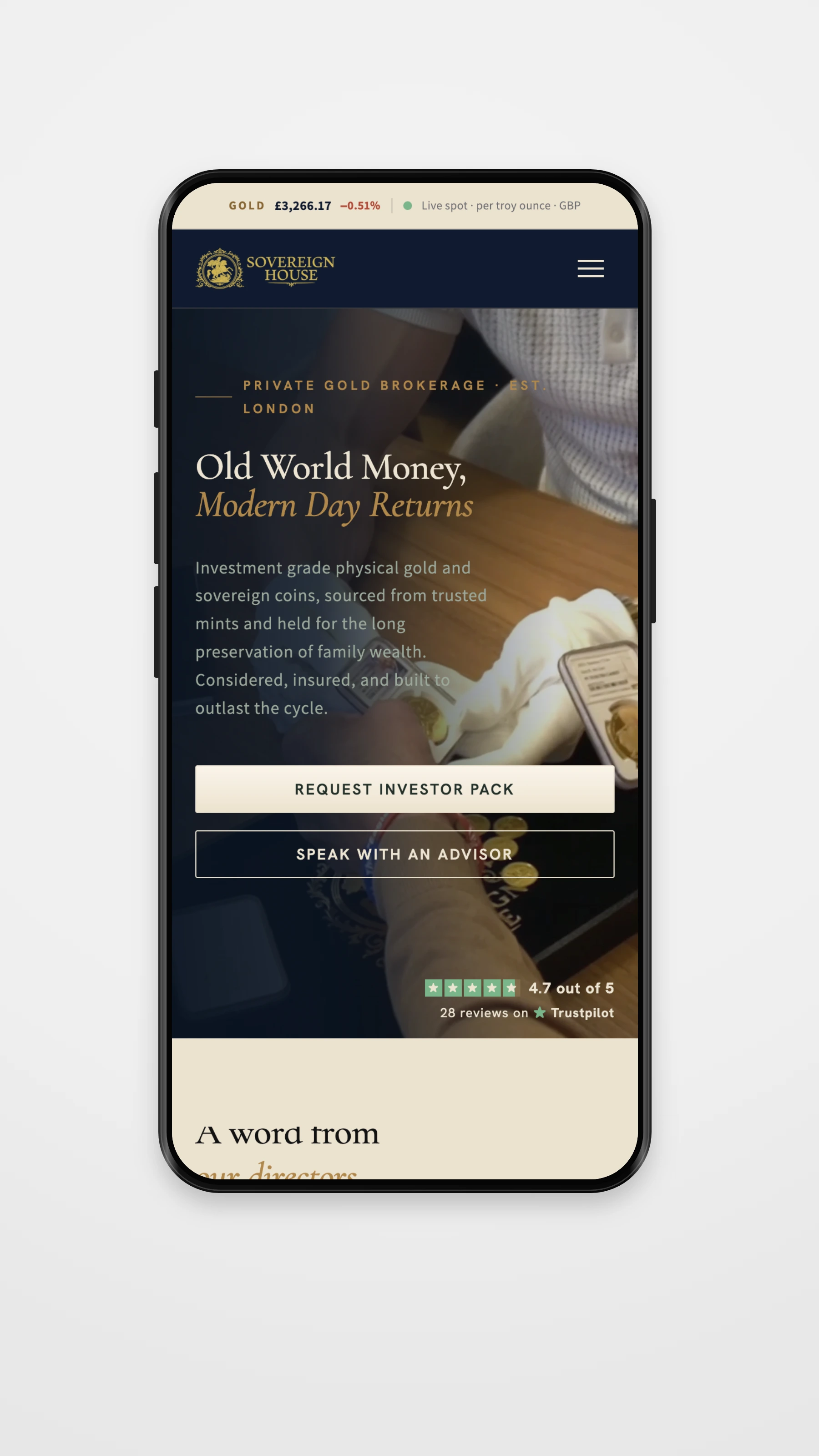 Sovereign House mobile navigation mockup