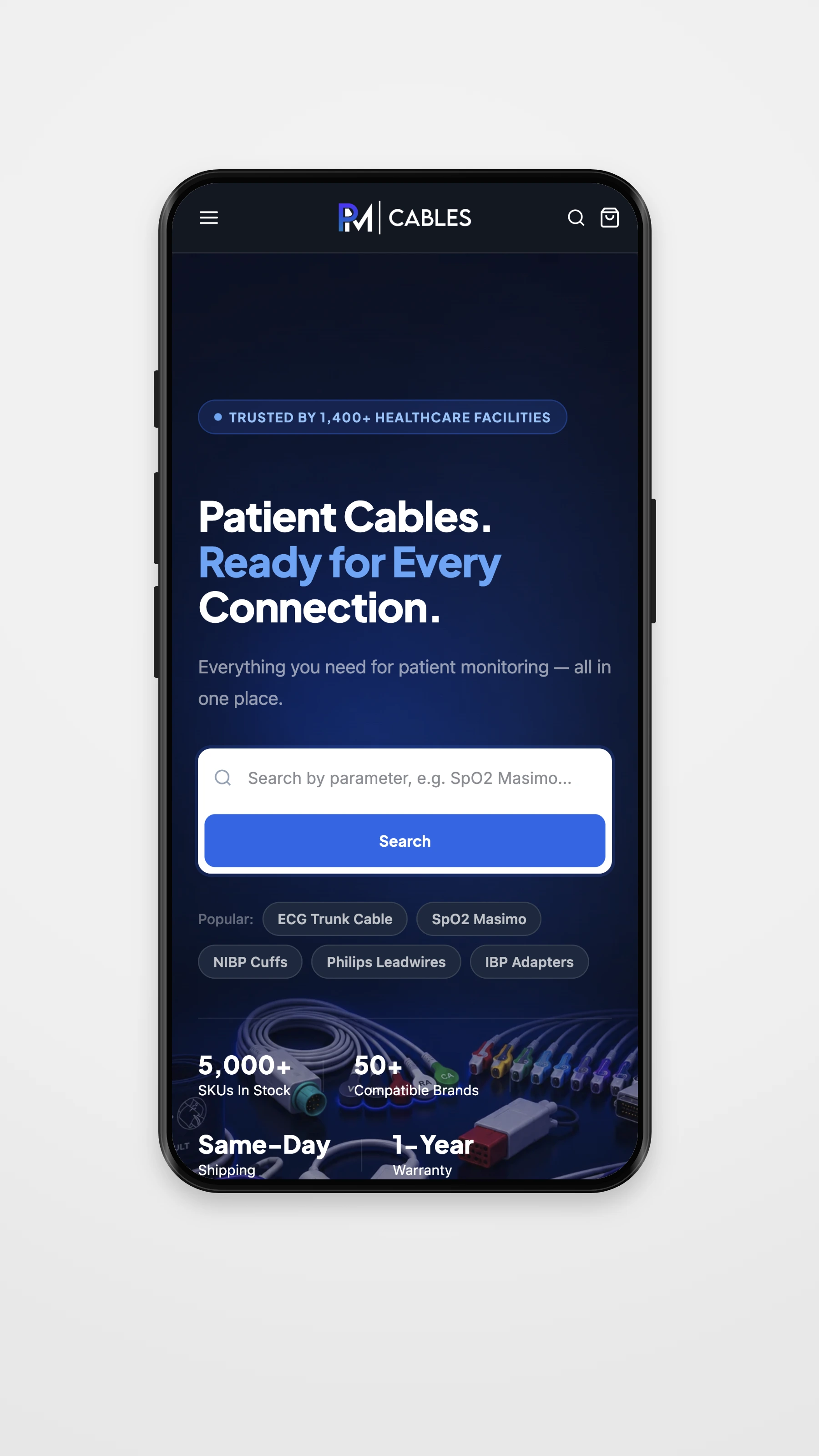 PM Cables mobile navigation mockup