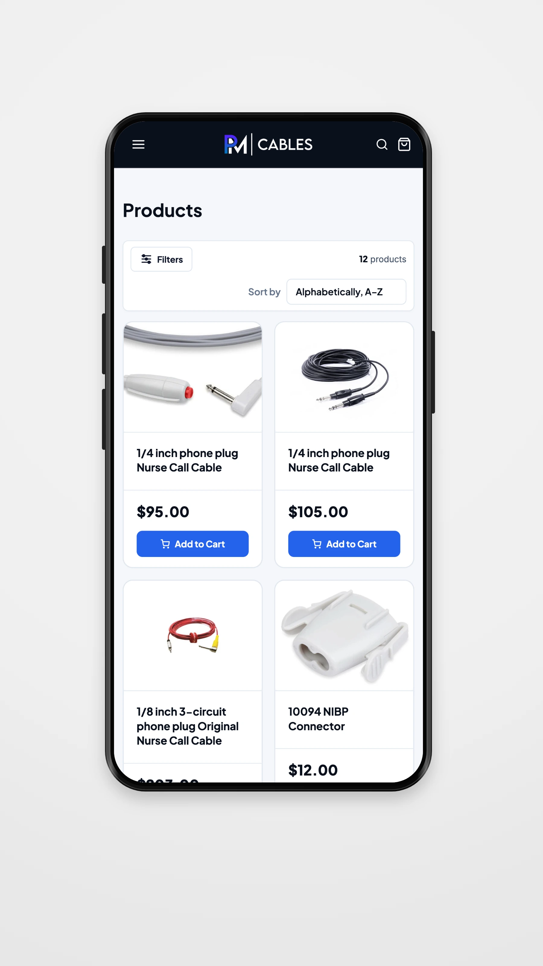 PM Cables mobile homepage mockup