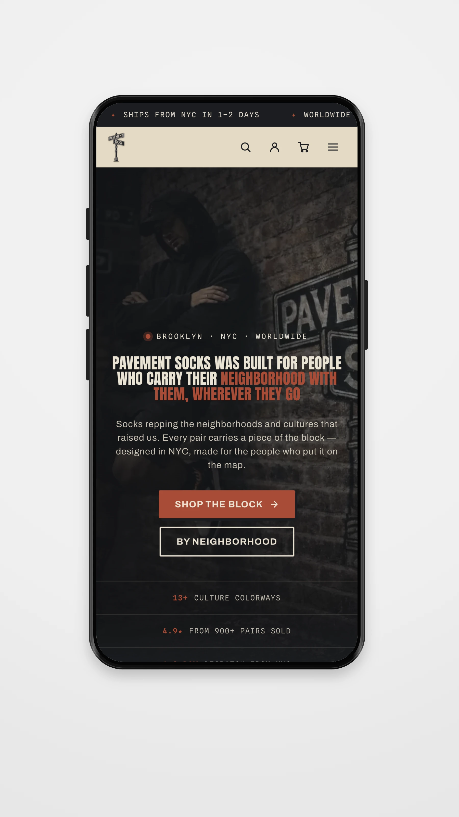 Pavement Sox mobile homepage mockup